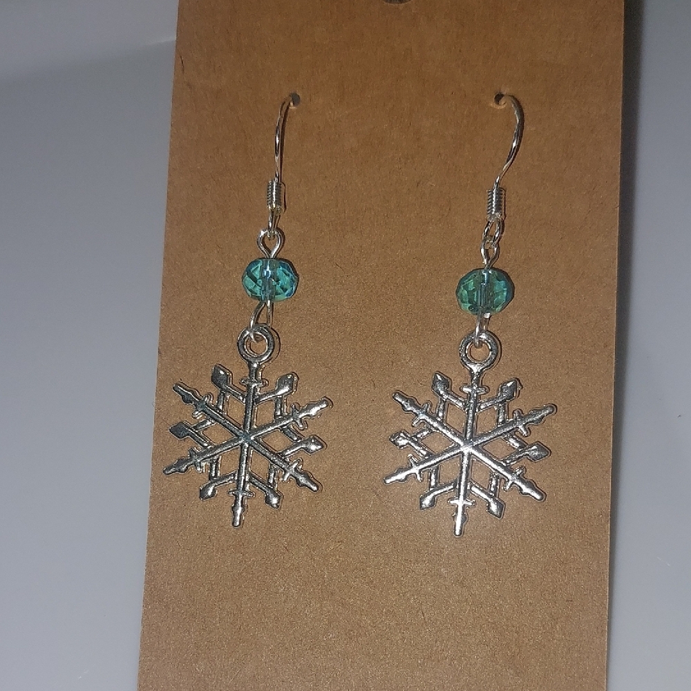 Silver Snowflake With Light Blue Crystal .Ear Wires Are 925 .Handmade .